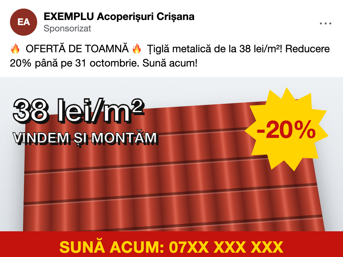 Reclama ta de acum arată țigla, prețul de 38 de lei pe m², reducerea de 20% și telefonul. Omul reține doar prețul și caută unul mai mic.