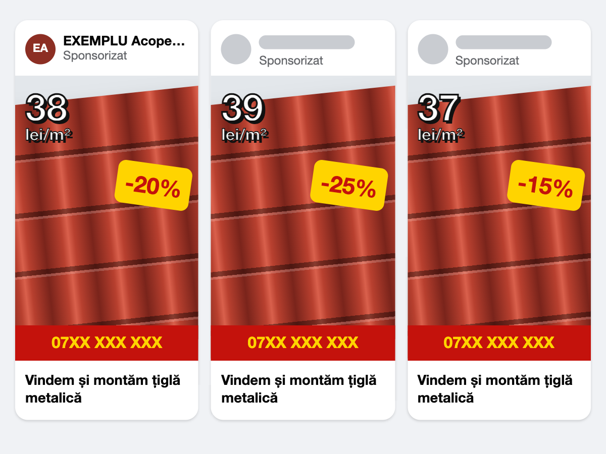 Am pus reclama ta lângă reclamele a două firme din Bihor. Aceeași țiglă roșie, aproape același preț pe m². Nu se vede care e a ta.